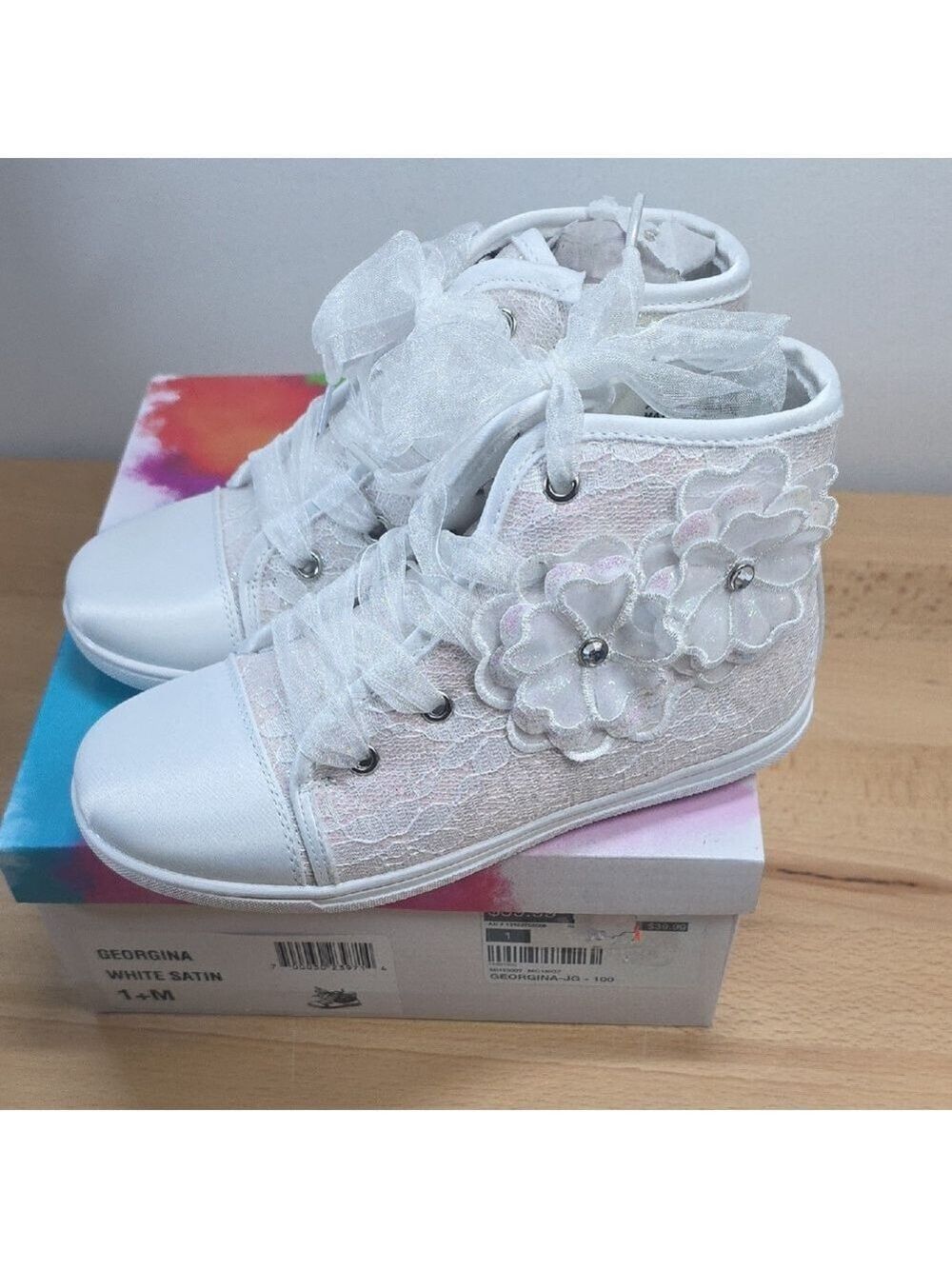White Satin Kids Shoes with Floral Design